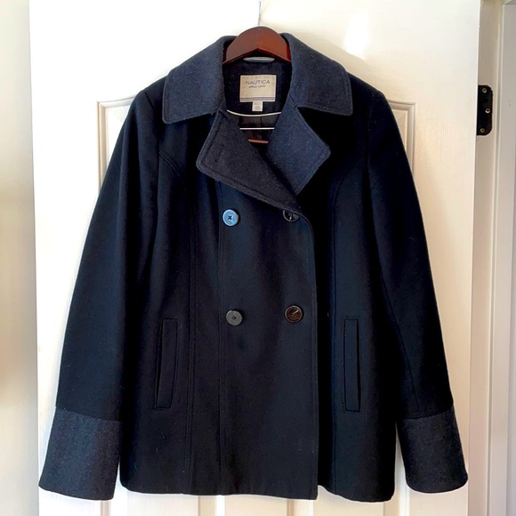EUC- Nautica Black wool coat with gray on sleeves and collar. - Picture 1 of 5
